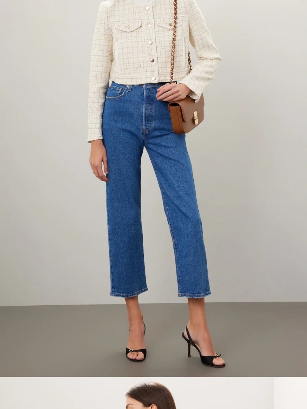 Cropped Cream Tweed Jacket with Gold Buttons